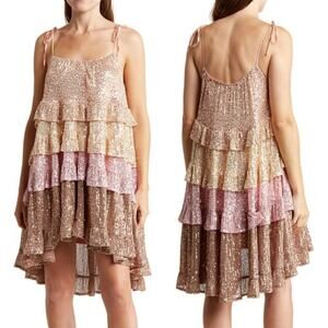 Area Stars Colorblock Dress Sequin Tiered Trapeze Swing Mini Multi NWT Small